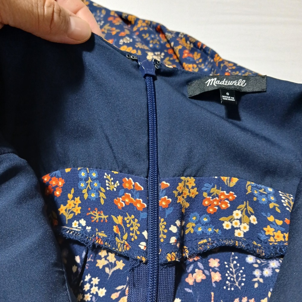 Madewell Floral V-Neck Jumpsuit Navy Blue Orange Wide Leg Double Strap Size 0 - Picture 9 of 10